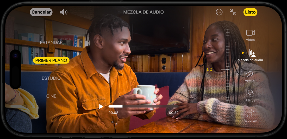 Se muestra la funcionalidad Mezcla de Audio en un iPhone 16 Pro