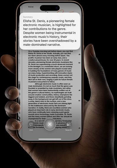 Eine Hand hält ein iPhone 16 Pro, das die Ergebnisse einer Suche mit visueller Intelligenz zeigt.