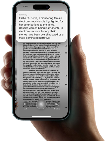 Une main tient un iPhone 16 affichant les résultats d’une recherche effectuée à l’aide de l’intelligence visuelle.