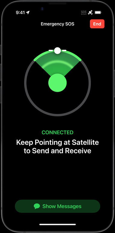 iPhone 16e waarop aansluitmogelijkheden worden uitgelicht, zoals Berichten via Satelliet, Zoek Mijn, Pechhulp en SOS-noodmelding.