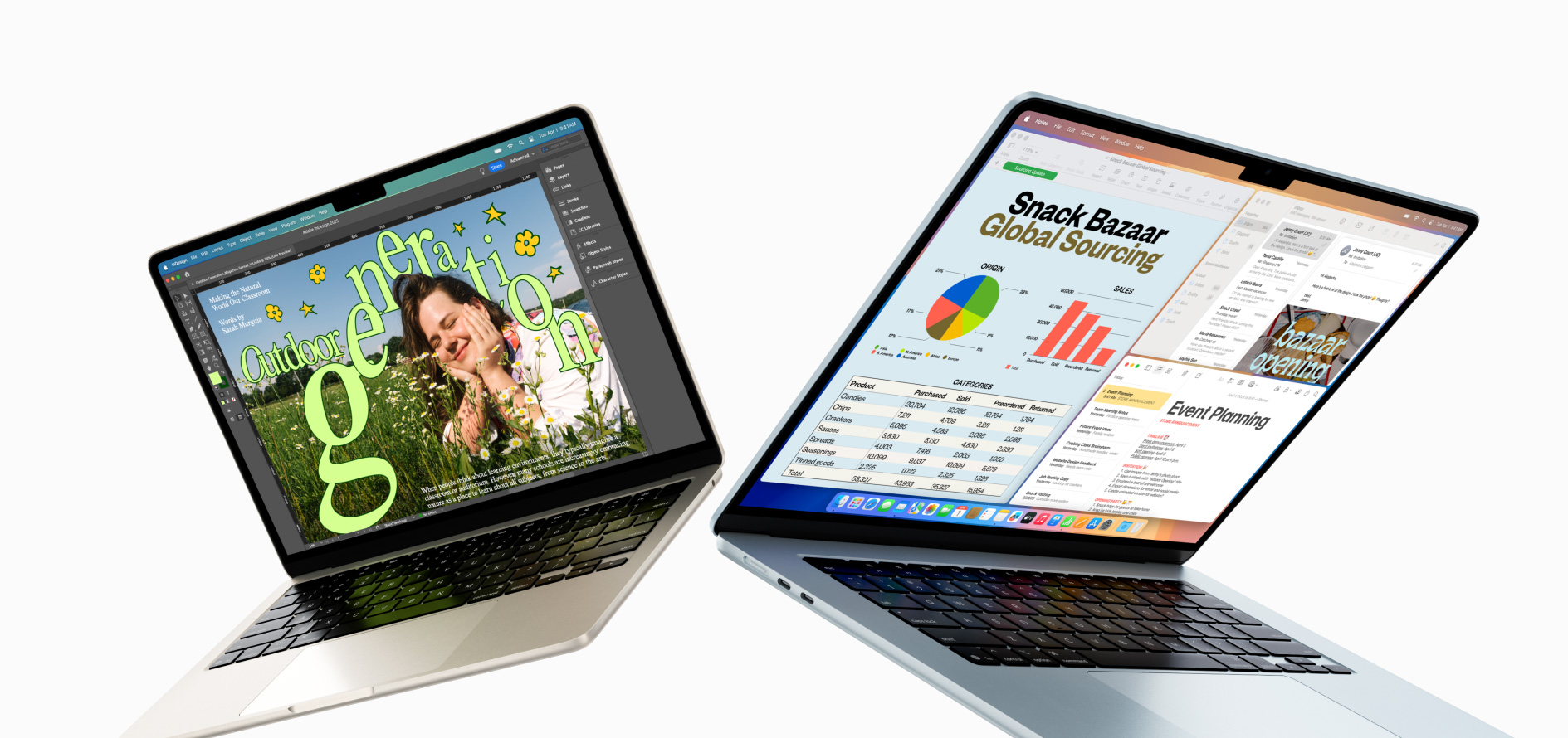 Halb geöffnetes 13" und 15" MacBook Air – das eine Display zeigt eine angefangene Designarbeit und das andere Multitasking mit E-Mails und Tabellen