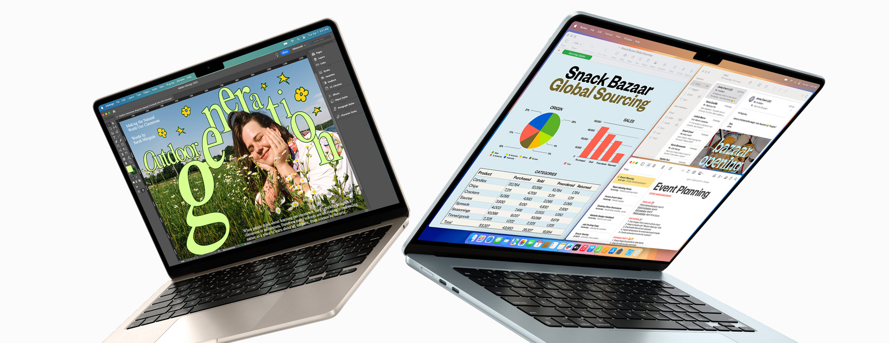 Halb geöffnetes 13" und 15" MacBook Air – das eine Display zeigt eine angefangene Designarbeit und das andere Multitasking mit E-Mails und Tabellen