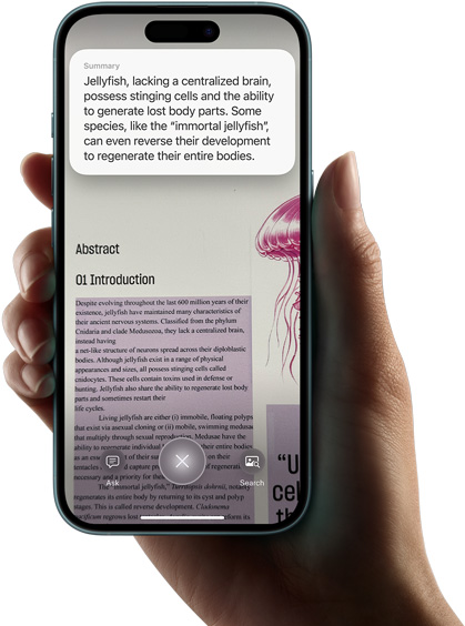 Hand holding iPhone 16 showing results of a search using visual intelligence.