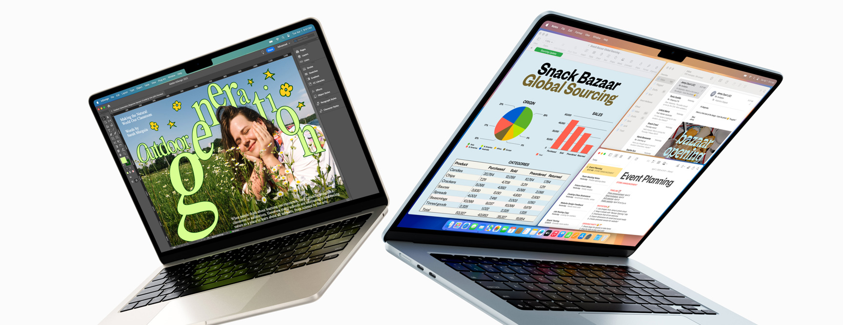 呈半開合狀態的 13 吋及 15 吋 MacBook Air,其中一部畫面顯示設計中的作品,另一部則顯示在電郵和試算表之間的多工處理