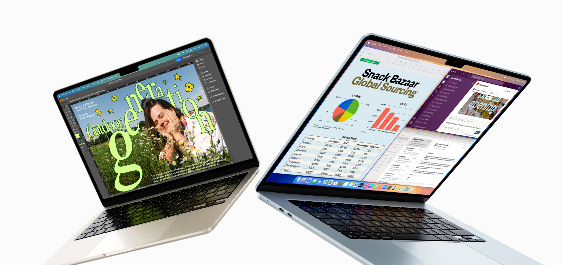 Partially open 13-inch and 15-inch MacBook Air — one screen shows design work in progress, the other shows multitasking across email and spreadsheets