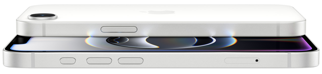 iPhone 16e in white colour overlapped, showing side view of camera, Retina display, Action button and side button.