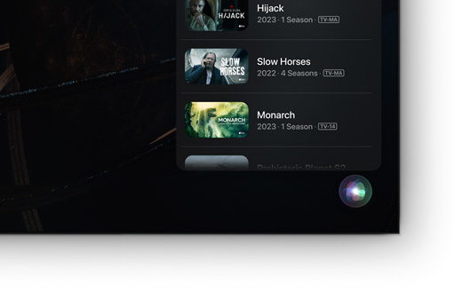 Een flatscreen-tv met een overzicht van films en series van Apple TV+