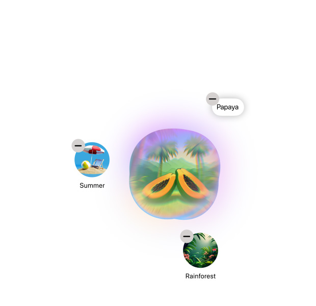 Démonstration d’une fonctionnalité : Image Playground générant plusieurs images à partir des mots « papaye, été, forêt tropicale ».