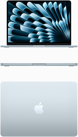 Vorderansicht und Draufsicht auf ein MacBook Air in Himmelblau