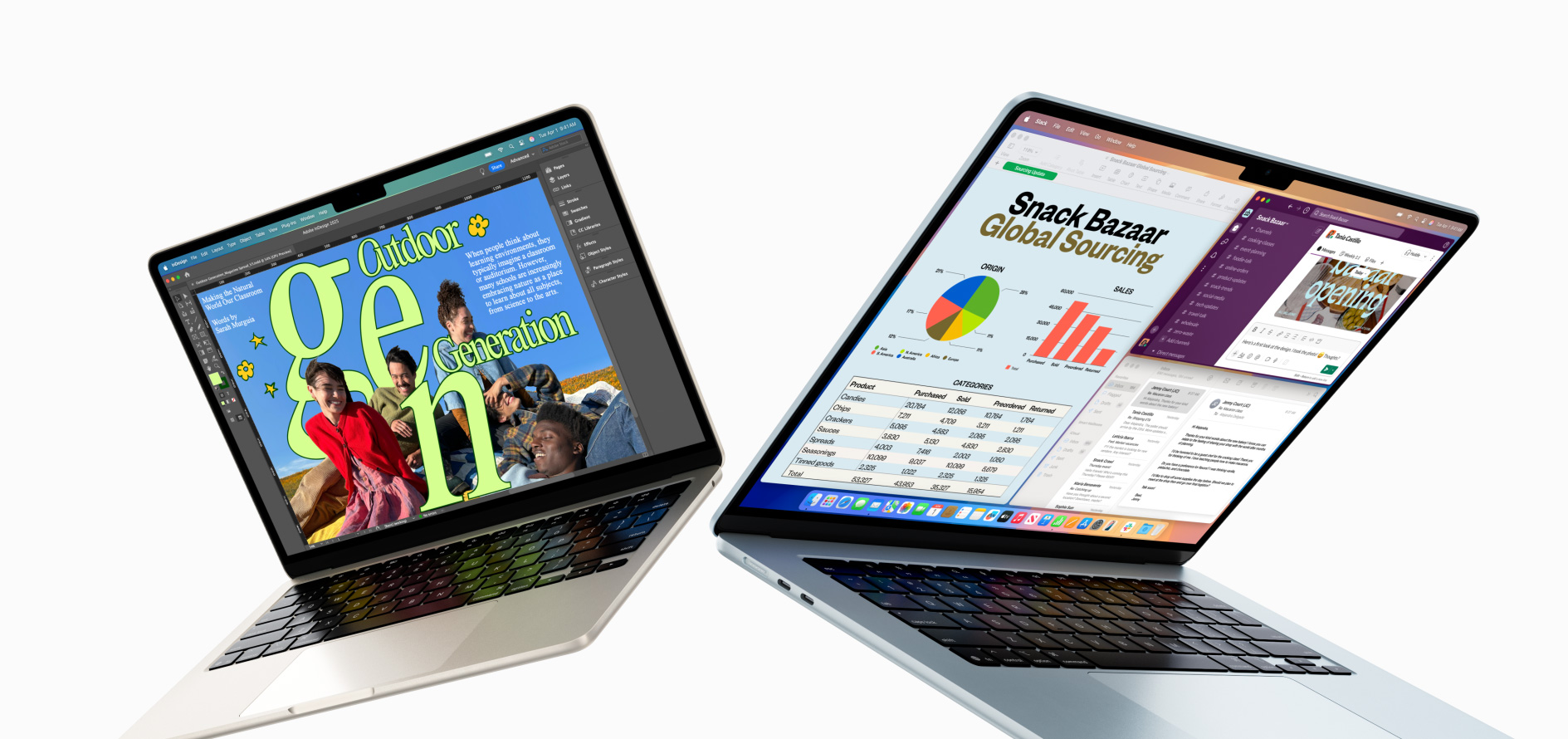 Des MacBook Air de 13 pouces et 15 pouces partiellement ouverts - l’écran de l’un montre un projet de design en cours, et celui de l’autre montre un exemple de multitâche avec une boîte de courriel et une feuille de calcul