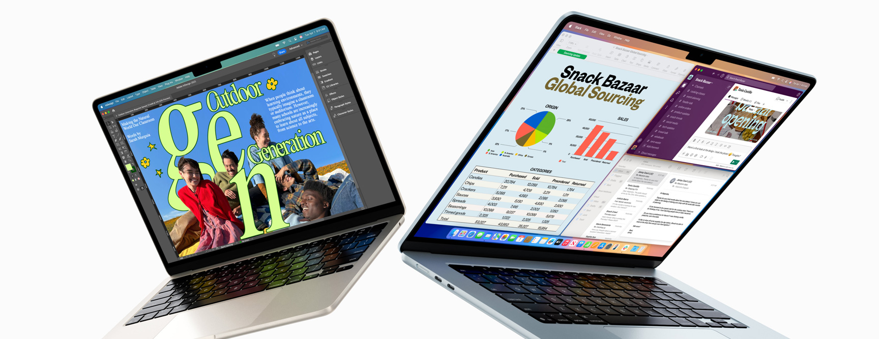 Des MacBook Air de 13 pouces et 15 pouces partiellement ouverts - l’écran de l’un montre un projet de design en cours, et celui de l’autre montre un exemple de multitâche avec une boîte de courriel et une feuille de calcul