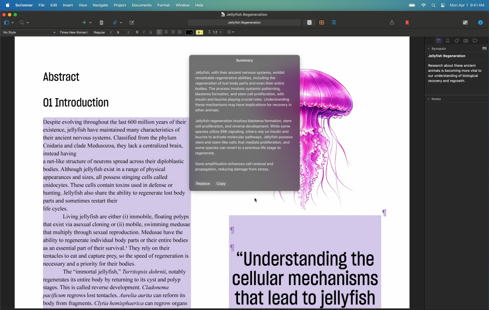 Gli Strumenti di scrittura di Apple Intelligence che riassumono una parte di una ricerca accademica sulle meduse, condensando il testo di più paragrafi in un riepilogo di una frase
